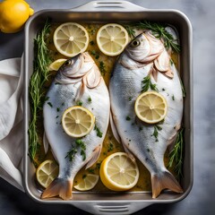 baked fish dorado with lemon and herbs in baking pan