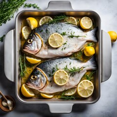 baked fish dorado with lemon and herbs in baking pan