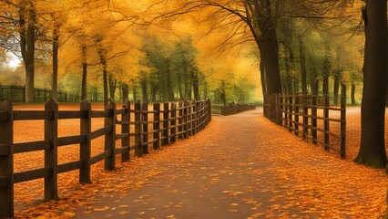 beautiful autumn in the park road fenced with wooden barrier