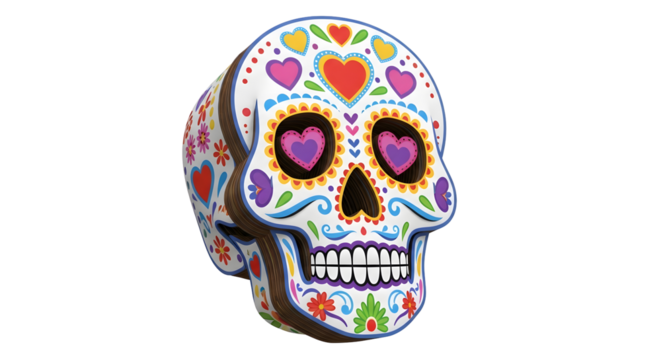 Close up of a colorful skull on transparent background adorned with hearts and flowers. Traditional celebration symbol with intricate designs and vibrant colors.