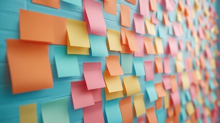 Slightly curled Post-it notes on the surface, pastel colors, soft natural light, blank notepads for customizable messages.