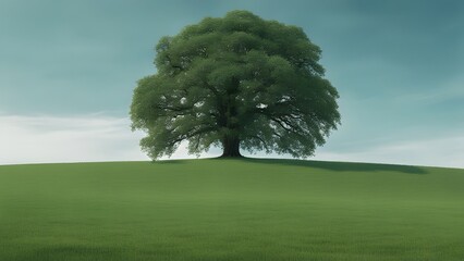 beautiful tree in the middle of a field covered with grass with the tree line 