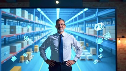 Smiling professional in a warehouse setting with digital icons, showcasing logistics and technology - Powered by Adobe