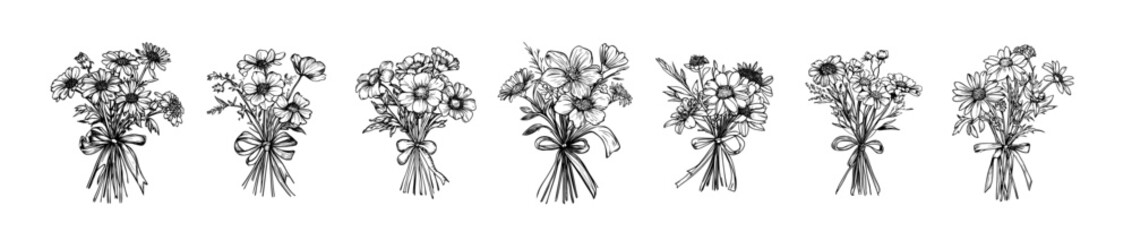 Elegant vector illustration of hand-drawn floral bouquets, perfect for wedding invitations, greeting cards, and nature-inspired designs. Botanical art, detailed sketch, monochrome.