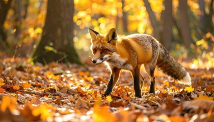 Red fox amidst golden autumn foliage in a sun-drenched forest landscape