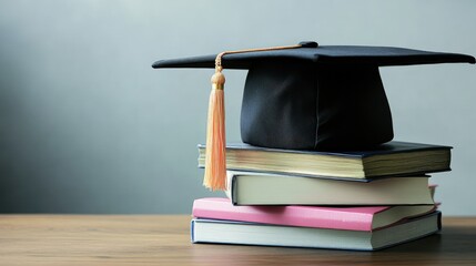 Graduation hat and stack of study books with copy space
