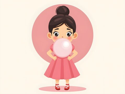 Cute cartoon girl with bubble gum in pink dress illustration