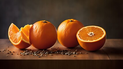 well arranged still life of both halved and whole oranges display half of fresh orange laid 