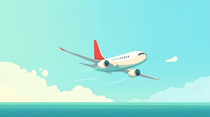 Airplane Soaring Above Bright Blue Ocean and Clear Sky Landscape