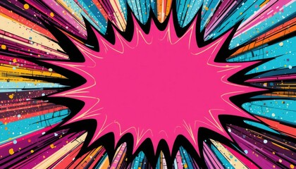 An illustration background in the pop art style with a pink star burst explosion. colorful comic book layout. Graphic design in the retro style with geometric shapes and hues of pink, yellow, blue, bl