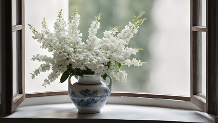 window with a bouquet of white flowers in a ceramic vase with a window sill for Chinese goods