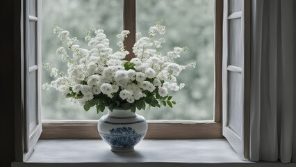 window with a bouquet of white flowers in a ceramic vase with a window sill for Chinese goods