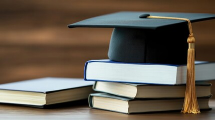 Graduation hat and stack of study books with copy space