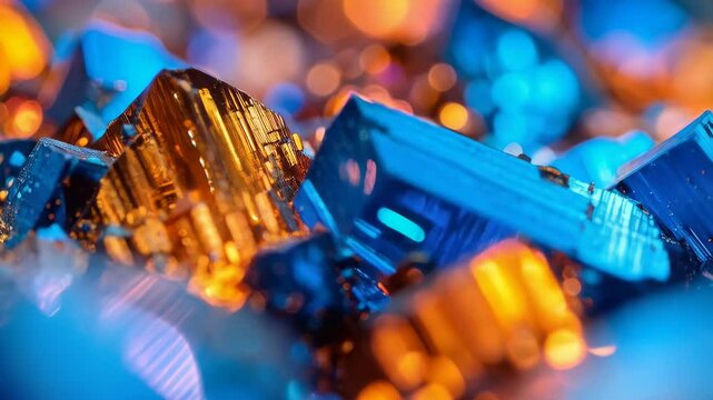 Close-up of contrasting blue and golden metallic pyrite crystals, illuminated with bokeh light effects and geometric formations, sparkling surface