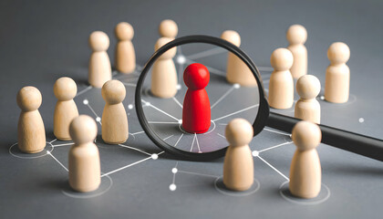 Magnifying Glass Focusing on a Red Figure in a Network of Wooden Pegs