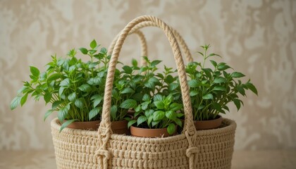 Potted herbs on a beige woven tote bag with a neutral backdrop
