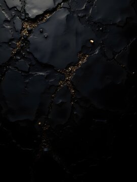 Rough dark stone texture with cracks and gold flecks. Dark back