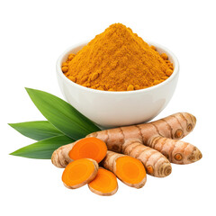 Turmeric powder and root for healthy lifestyle and cooking spice on transparent background