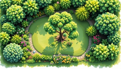 Lush Green Garden with Vibrant Flowers and a Majestic Tree Surrounded by Dense Foliage in a Serene Landscape