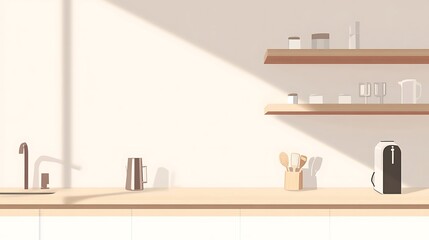 Simple kitchen interior with sunlight streaming in.