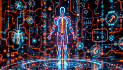 Obraz premium Digital human body hologram with glowing circuits and data patterns, representing advanced technology and health concepts