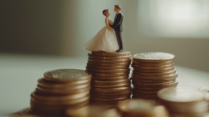 Miniature bride and groom atop stacks of coins, symbolizing wedding costs and finances.