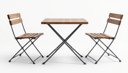 Wooden table and two chairs with folding design for outdoor garden or patio settings, modern minimalistic style