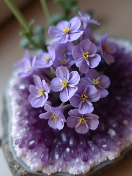 Fresh lavender flowers resting on purple amethyst display