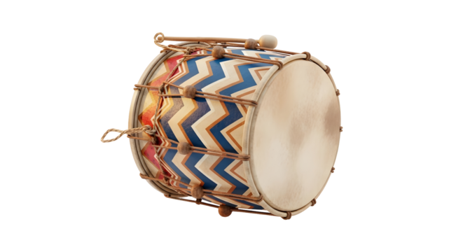 Close-up shot of a decorative drum with a vibrant blue and white chevron pattern on its body, featuring gold accents and a transparent background for versatile use.