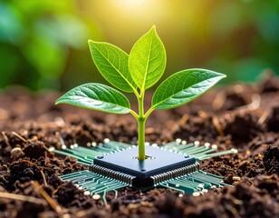 A small green plant grows from a microchip embedded in soil, symbolizing the fusion of nature and technology.