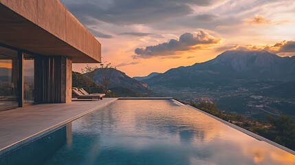 Fototapeta premium Infinity Pool Overlooking Mountain Range at Sunset