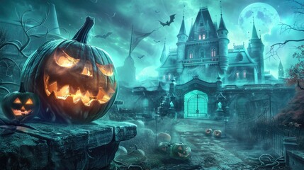 halloween backgrounds, spooky, dark, night, castle, pumpkin backgrounds concept