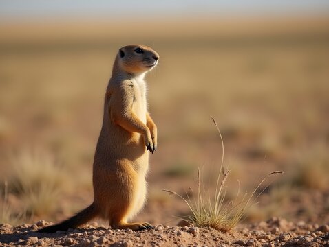 Prairie dog issues warning call while standing alert in a dry landscape