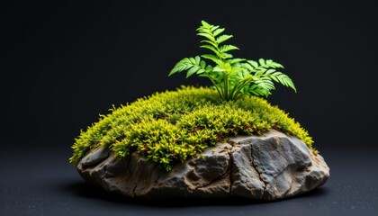 Green Fern Sprouting on Lush Mossy Rock Displaying Nature's Beauty and Tranquility in a Minimalist Style