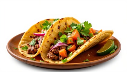 Delicious tacos with savory filling, fresh vegetables, and herbs served on a wooden plate with lime and cilantro garnish