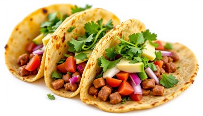 Delicious and Colorful Tacos Filled with Fresh Vegetables and Savory Meat on a White Background