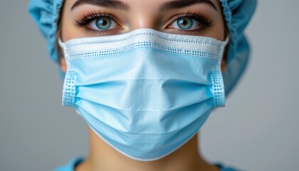 Close-up Portrait of a Healthy Young Woman Wearing a Medical Mask and Surgical Cap with Beautiful Blue Eyes