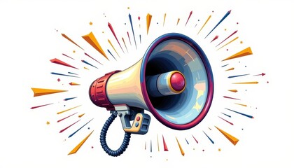 Vibrant and Colorful Illustration of a Loudspeaker with Dynamic Sound Waves and Explosive Elements in Bright Colors