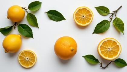 Fresh Lemons and Oranges with Green Leaves on White Background for Vibrant Culinary and Healthy Lifestyle Displays
