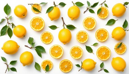 Fresh Lemons with Green Leaves Arranged on White Background Highlighting Their Bright Color and Sweet Juicy Texture