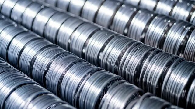 Metal springs arranged in uniform parallel rows exhibiting repetitive patterns and strong metallic reflections of light