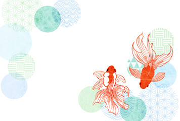 和柄玉と琉金の残暑見舞いはがき、横、かわいい、夏、イラスト、和風