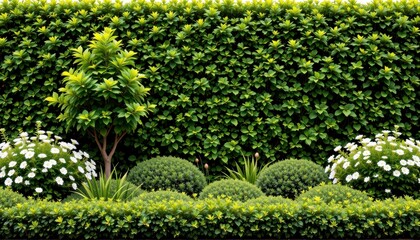 Lush Green Hedge with Decorative Bushes and White Flowers in a Well-Maintained Garden Landscape Design
