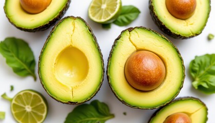 Fresh Avocado Halves Surrounded by Lime Slices and Fresh Basil Leaves for Healthy Culinary Inspiration and Nutrition