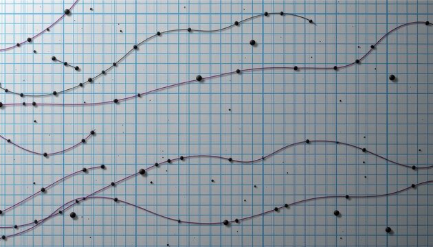 Abstract representation of data trends on a checkered grid background with scattered points and flowing lines in a scientific style