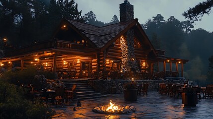 Fototapeta premium Rustic Log Cabin Lit at Night with Fire Pit and Outdoor Seating