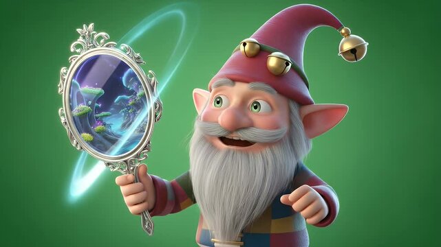 3D Render of Gnome Holding Fantasy Mirror on Green Screen Visual Effects and Role Playing Game Asset for Adventurous Storytelling and Cinematic Concept