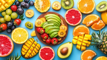 Fresh and Colorful Assortment of Fruits with Toast on Blue Surface