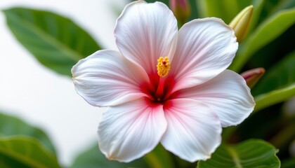 Fototapeta premium Beautiful hibiscus flower with vibrant colors and delicate petals against lush green foliage in a serene botanical setting