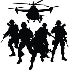 Fototapeta premium Silhouetted special forces soldiers deploying from helicopter aircraft for military operation